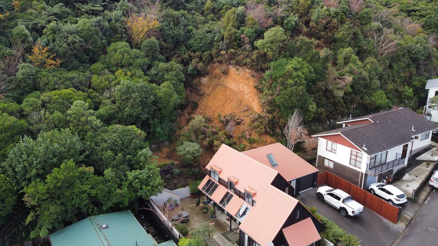 Aerial view of a slip on a bush-covered bank above houses